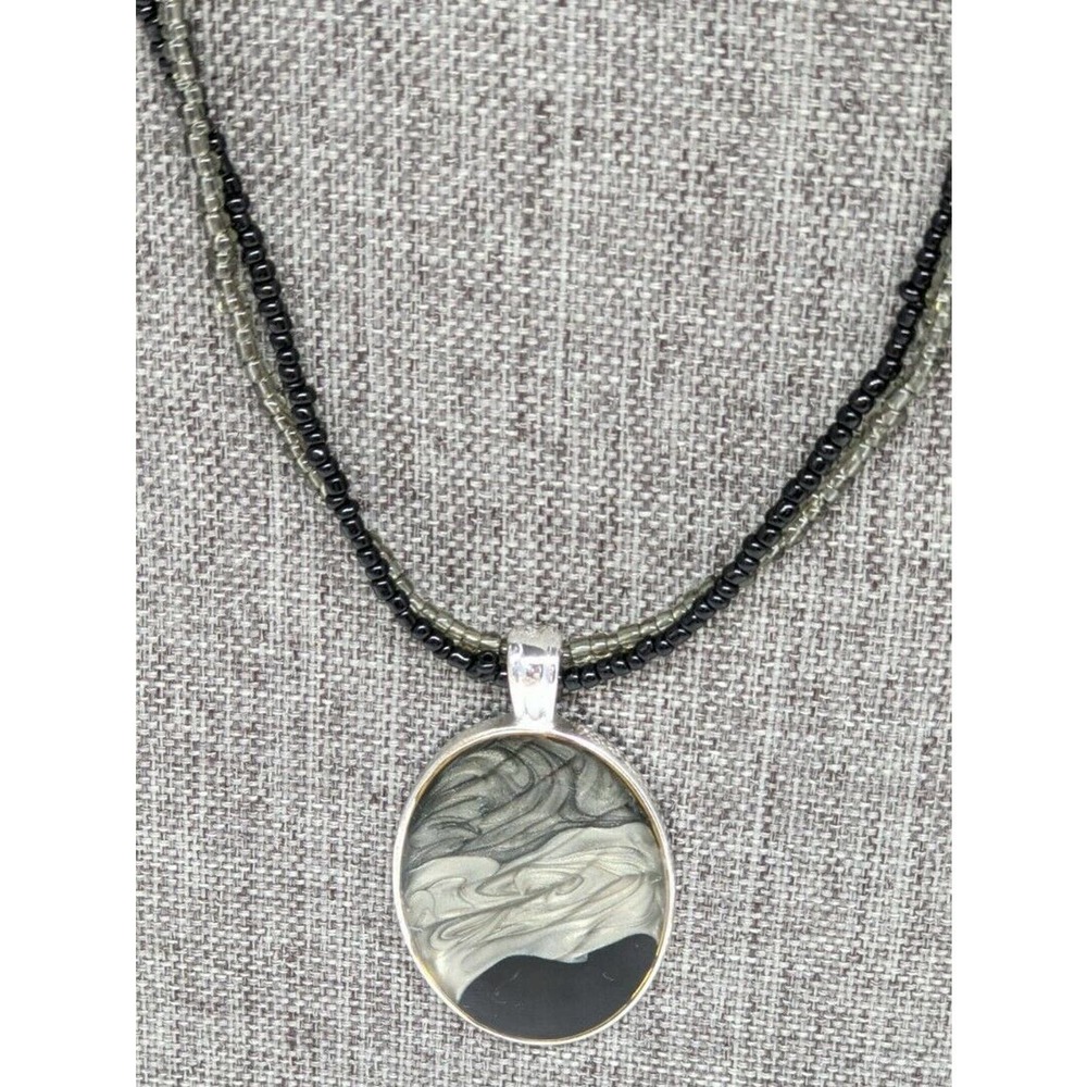 Kenneth Cole Signed KC Necklace Enamel Pendant Gray Black Swirl Beaded Multi